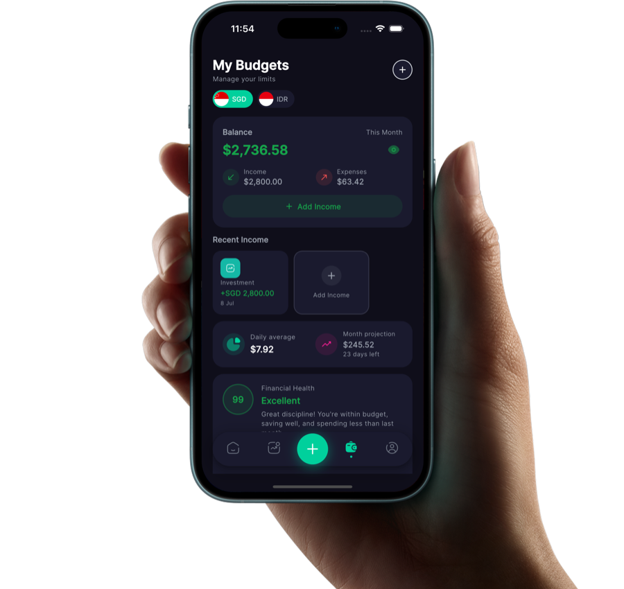 A hand holding a phone with the Duitly budget screen: balance, income and financial health score