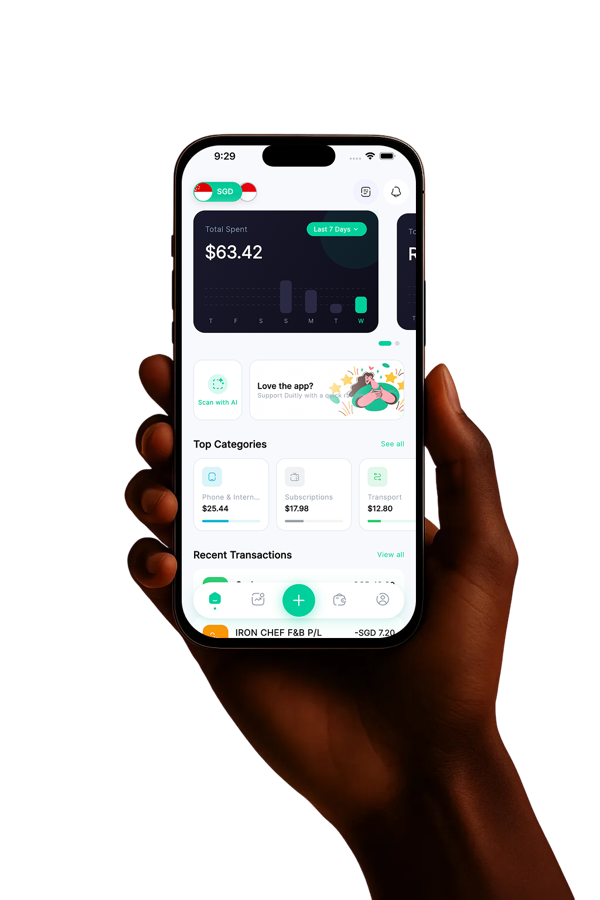 A hand holding a phone with the Duitly dashboard: total spending, AI scan and top categories
